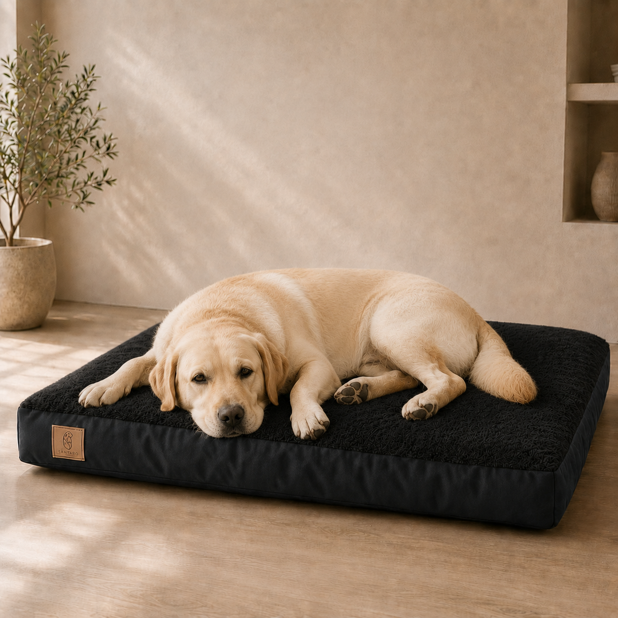 Perro descansando en la cama colchoneta negra